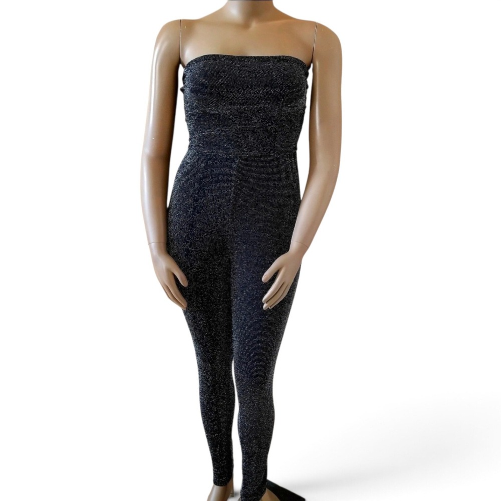 Love Chesley Jumpsuit Womens Large Black Silver Good Strapless Metallic Glitter